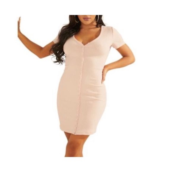 GUESS Womens Pink Stretch Ribbed Button Front Short Sleeve Dress Size S NWT - Picture 1 of 2